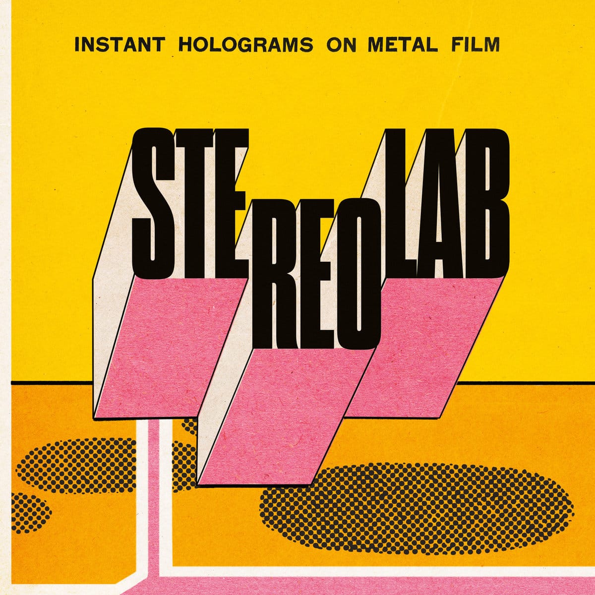 Hey, look, it's a Stereolab album cover. It says "Stereolab" in black sans serif on yellow and pink.