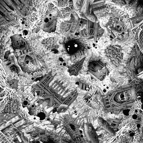 The TeeCollage of parts of churches, fish, and other shapes including either a hornets nest or innards of a beehive and perhaps bits of brain or nervous system forming a skull-like shape