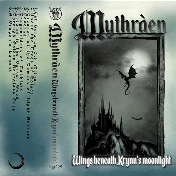 Wings Beneath Krynn's Moonlight album cover — a dragon hovers before a castle on a hill